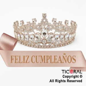 SET VINCHA Y BANDA FELIZ CUMPLEA�OS GEMAS Y STRASS ROSA GOLD (10549J)X 1